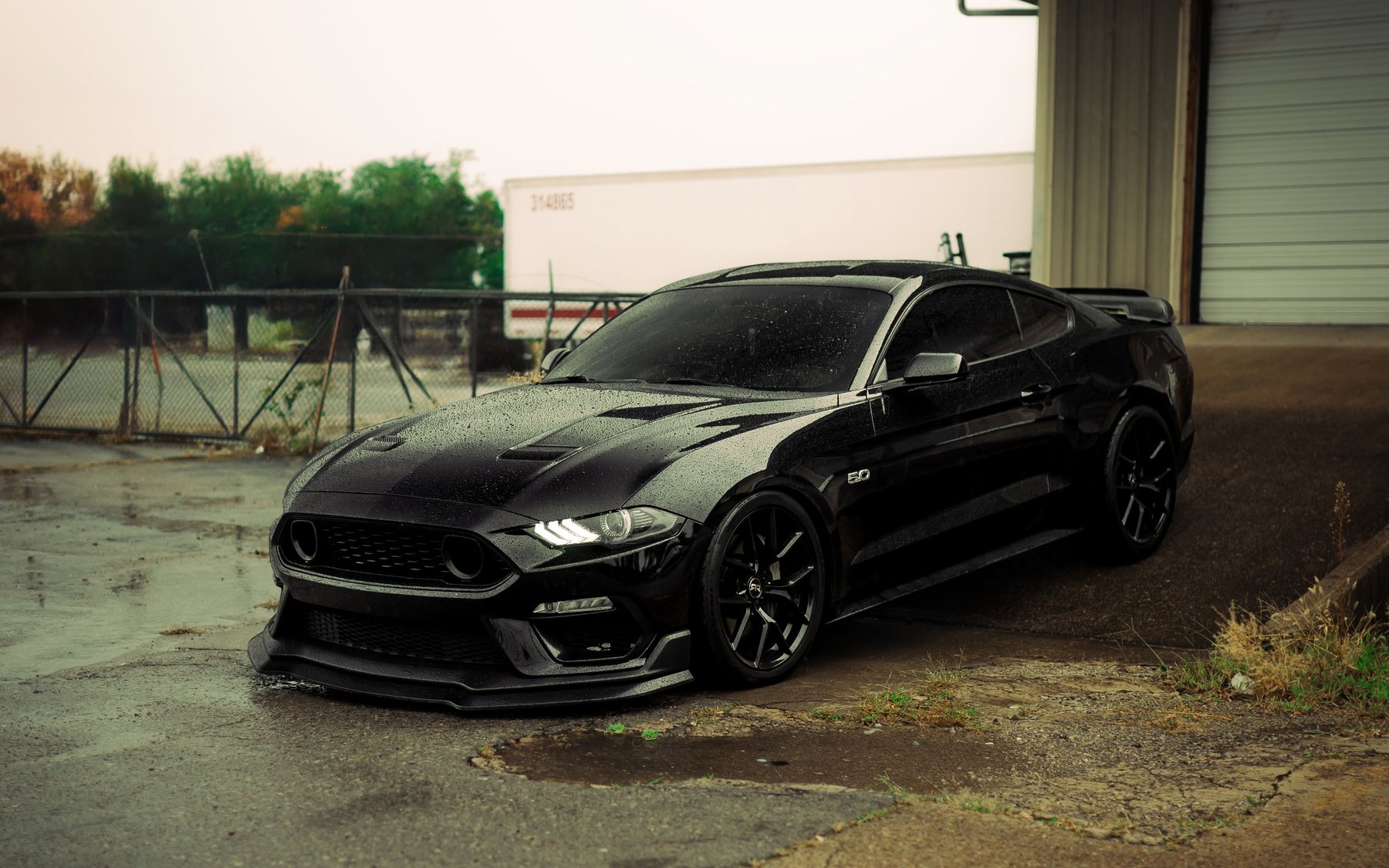 Black Ford Mustang S550 on wet ground outside a warehouse